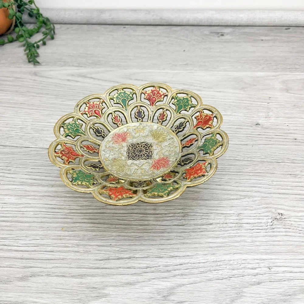 Vintage Enameled Brass Trinket Dish‎